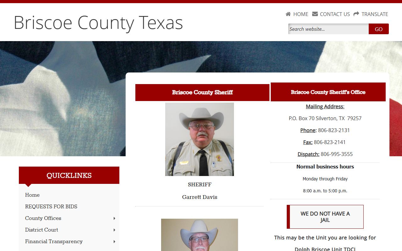 Briscoe County Sheriff no jail notice and inmate population routing