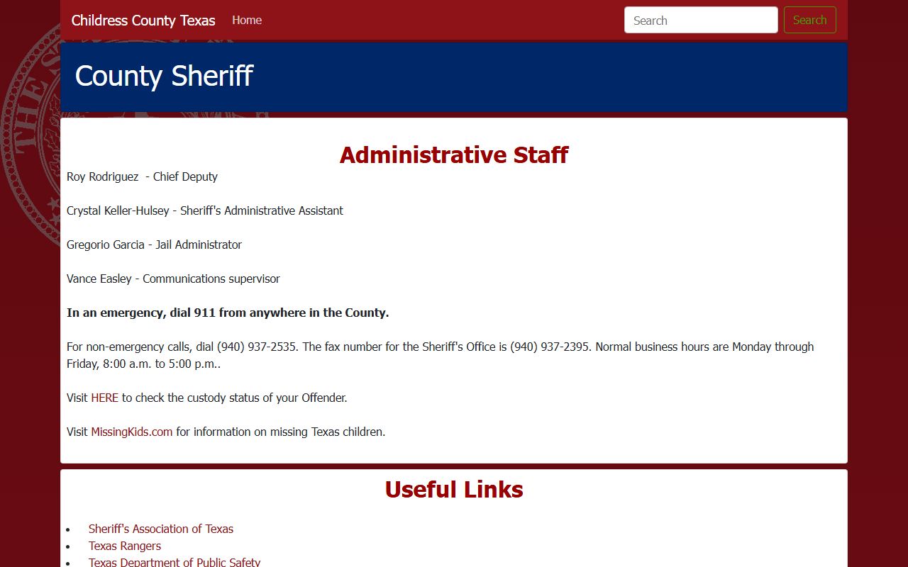 Childress County Jail inmate lookup page with IVSS and open records for Briscoe County inmates