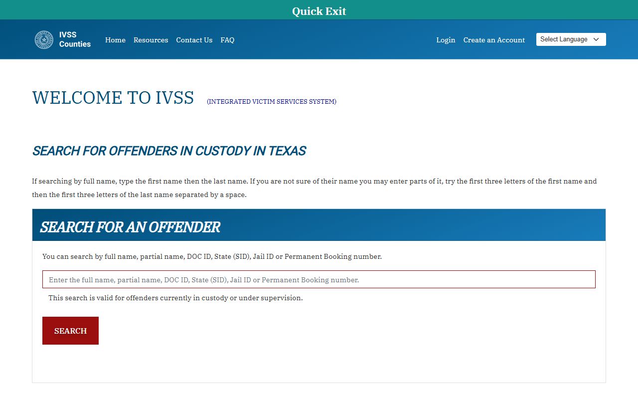 Texas IVSS search fields for Briscoe County inmate records