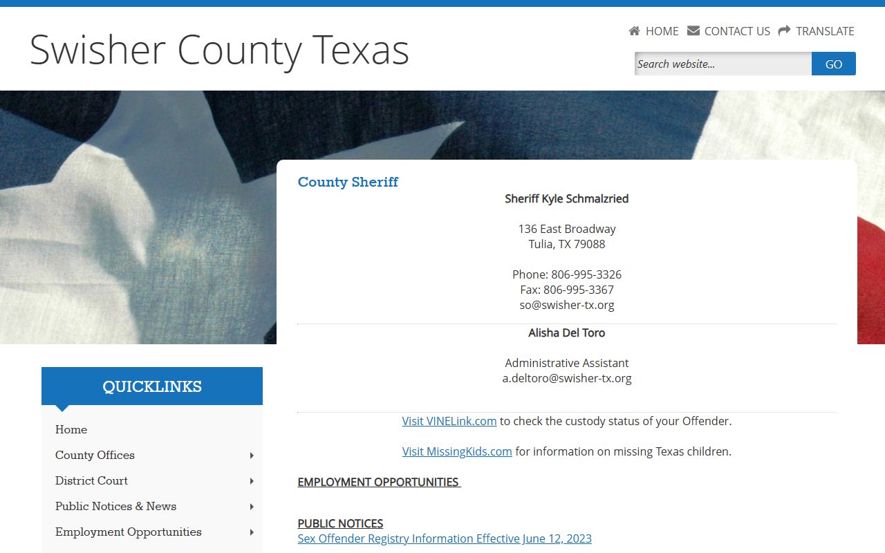 Swisher County Jail inmate custody source page with VINELink for Briscoe County inmates